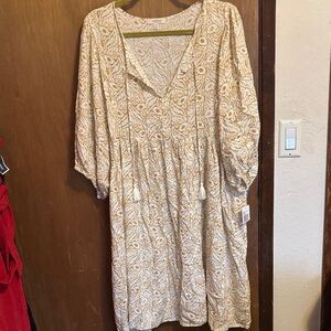 Angels Beige and Gold Patterned Long Sleeve Dress